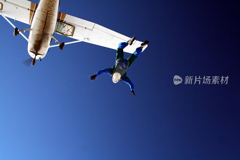 跳伞者在晴朗的蓝天上从白色的飞机上跳下来