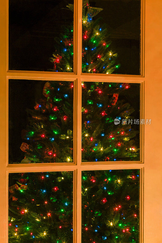 用彩带、装饰品、彩灯装饰的圣诞树(P)
