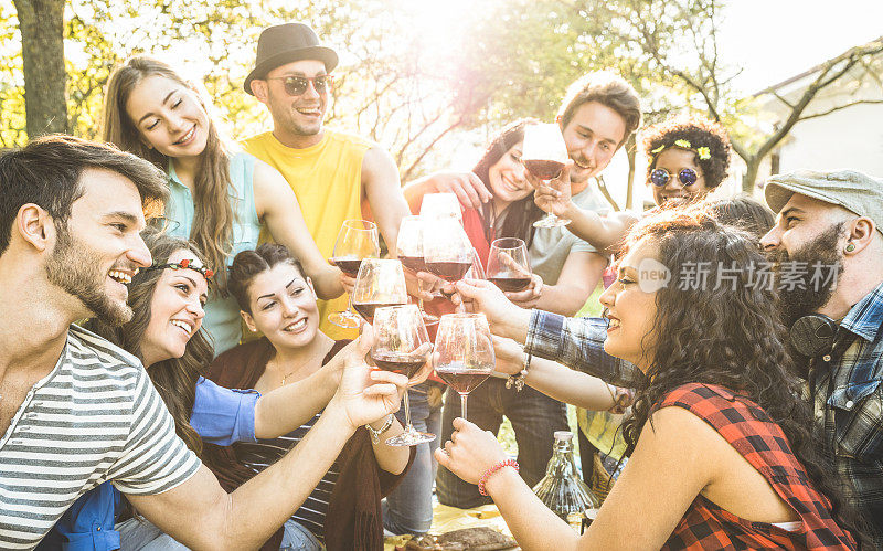 一群朋友举杯红酒在户外烧烤野餐欢呼-年轻人一起享受夏天的时间在午餐花园派对-青年友谊的概念-重点在碰杯