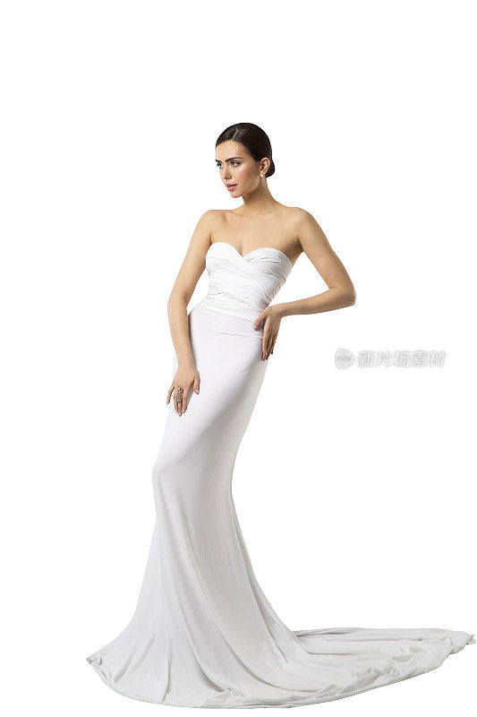 时尚模特婚纱，女子美丽礼服，长丝绸衣服，白色孤立
