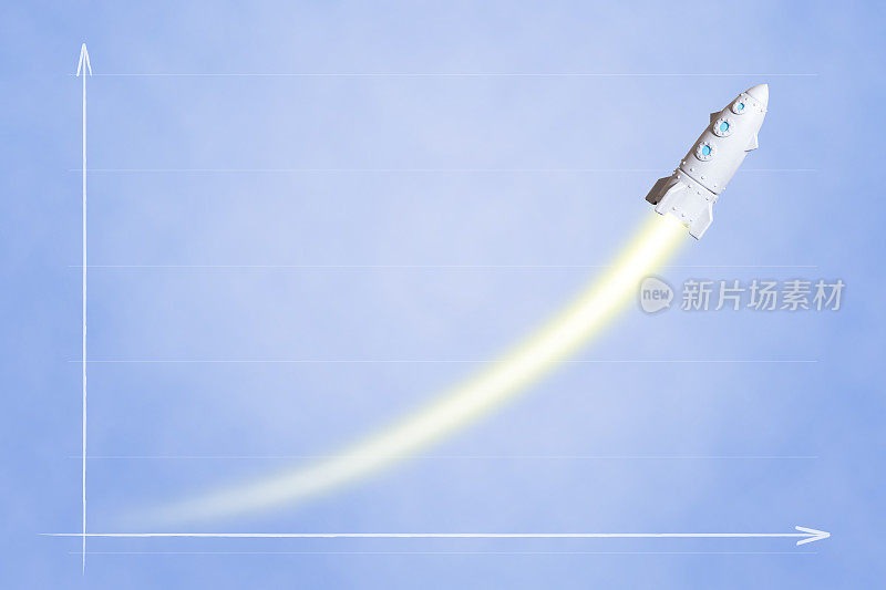 发射以蓝色背景为象征成长的火焰轨迹的卡通玩具火箭