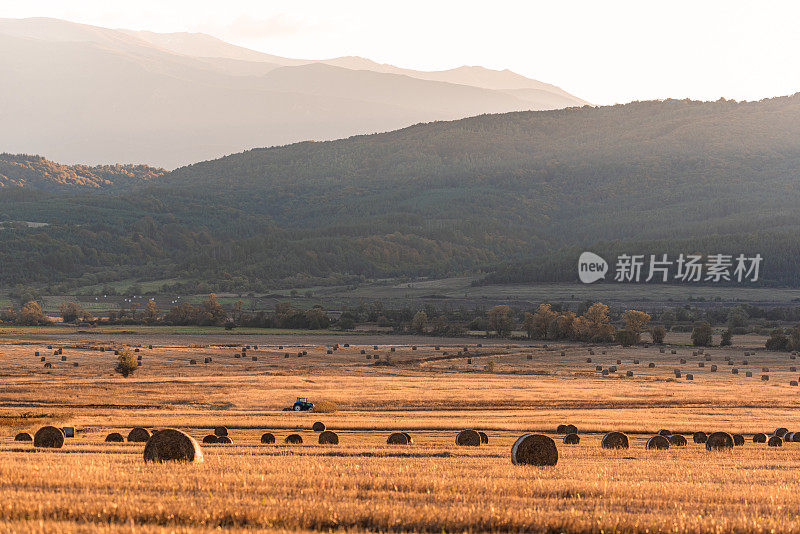 孤独的拖拉机收获干草田作物残茬金黄橙黄秋山背景厚重的保加利亚技术机械农业