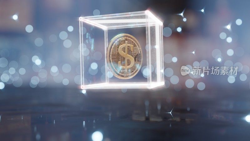 在一个透明的玻璃立方体上旋转硬币，三维动画循环几何背景场景。