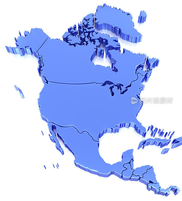 高详细的北美地图与美国，墨西哥，加拿大。3D渲染蓝色地图在白色的背景