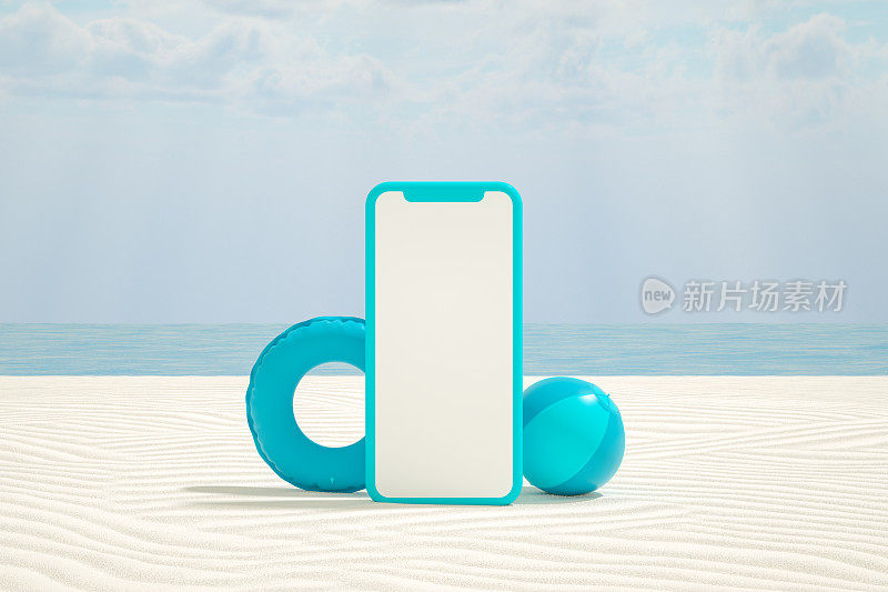 沙滩上的空屏幕智能手机，简约的夏日度假旅游概念