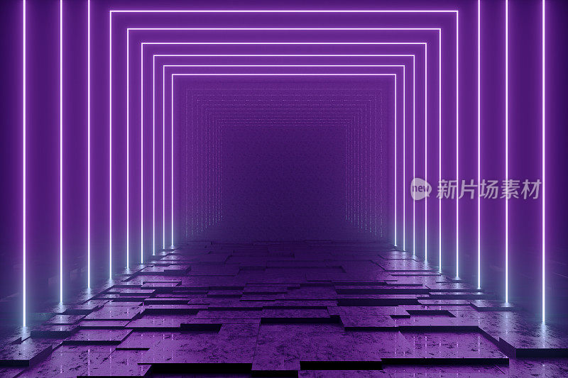 紫外氖激光发光隧道，抽象三维背景