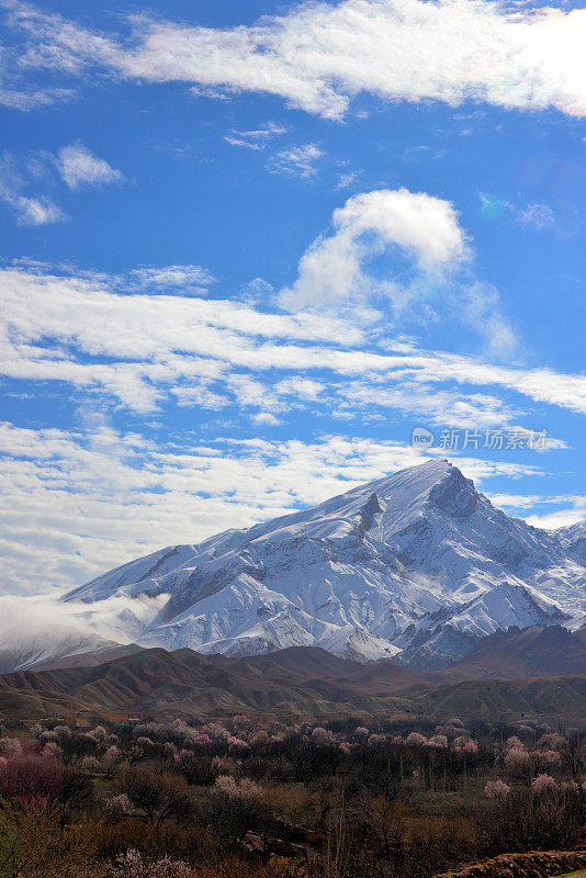 肥沃的山谷和积雪覆盖的山峰，库姆地区，巴尔赫省，阿富汗