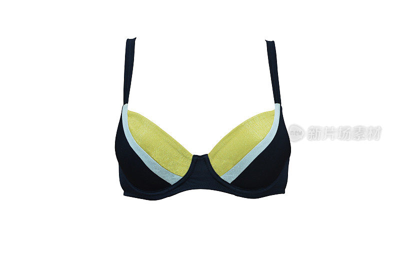 女子泳装-黑色胸罩，柔软的罩杯，白色背景上黄色光条纹隔离。夏天的海滩装