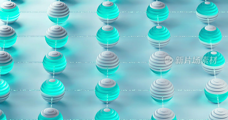 3D模型区块链带有球形单元，它们之间用天蓝色和白色的无线连接。服务器机房插图