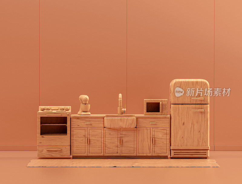 木制厨房，配有冰箱和台面，单色厨房，3d渲染