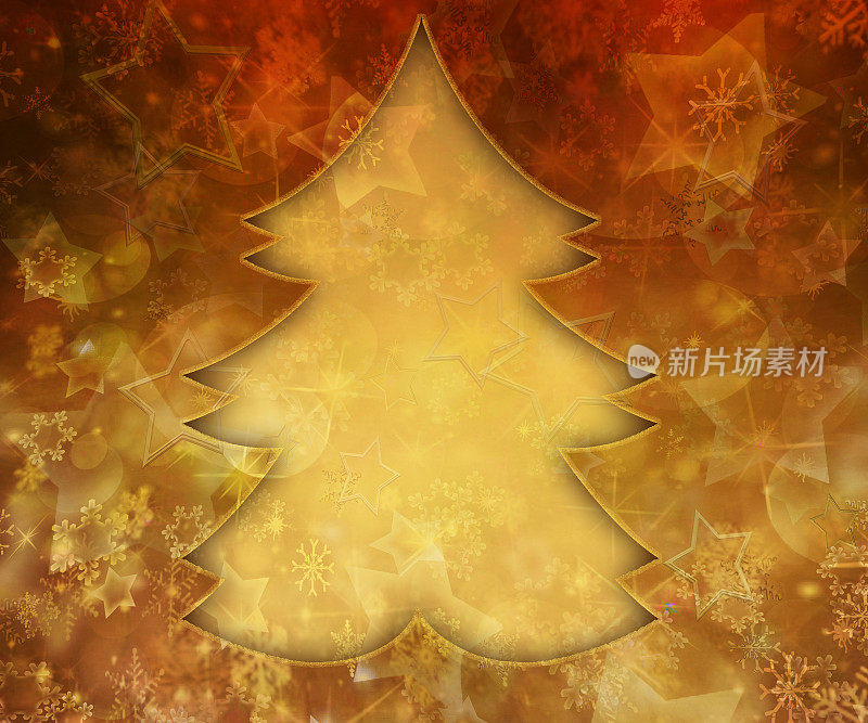 金色背景与圣诞树，雪花和星星。