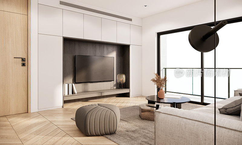 客厅室内模拟，现代公寓的家具，沙发，茶几和智能电视，3d渲染