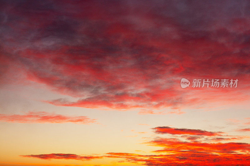 晚霞，光在云中反射。美丽日落的纹理背景。令人惊叹的红色和黄色日落与燃烧的云全景日落云景戏剧性的天空。