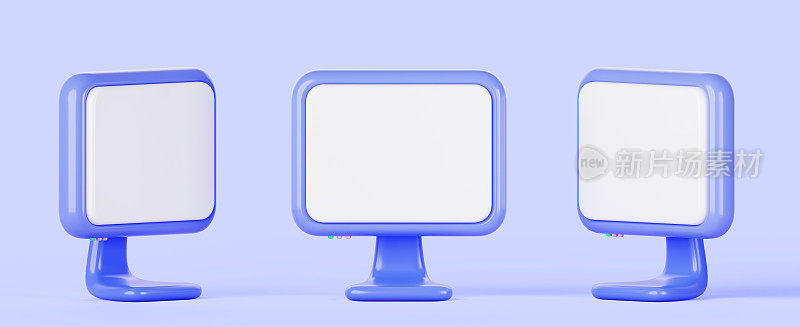 3d渲染电脑显示器的正面和侧面视图。模拟桌面电脑与蓝色框架和空白的屏幕，数字显示广告隔离的背景。卡通布景图标
