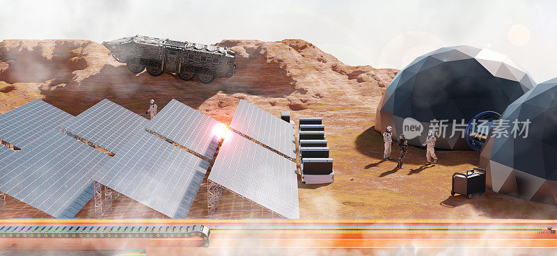 地外太阳能电站火星表面的太阳能电池火星表面的宇航员太空基地太空探索任务和火星殖民3d插图