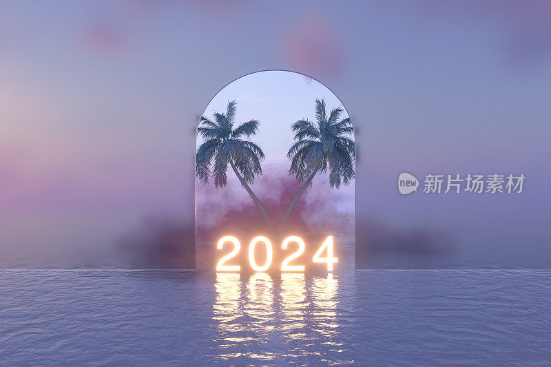 2024年海上霓虹灯和棕榈树