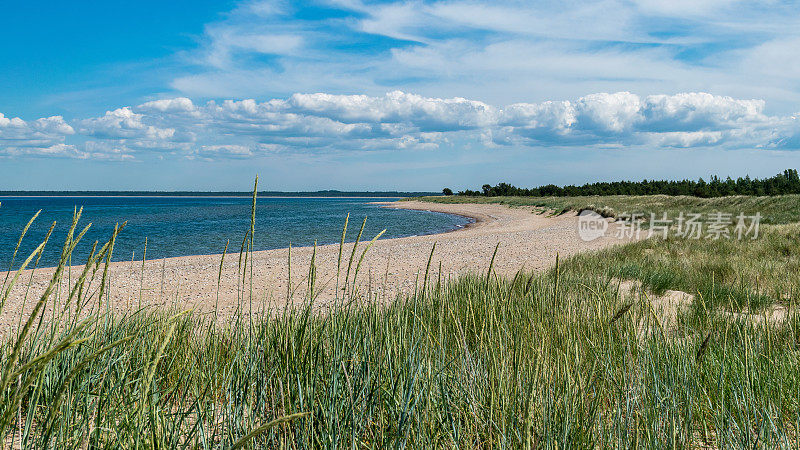 传统的夏季景观，沙质和鹅卵石的海角，蓝色的海和天空，哈里莱德自然保护区，爱沙尼亚，波罗的海