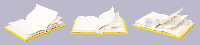 从不同角度打开白色页和黄色硬皮的纸质书。3D渲染插图集