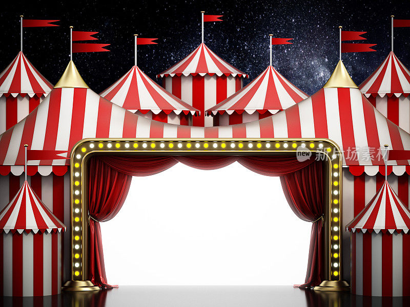 迷人的夜间马戏团帐篷入口装饰着闪烁的灯光和节日旗帜。舞台与窗帘和空白文本空间