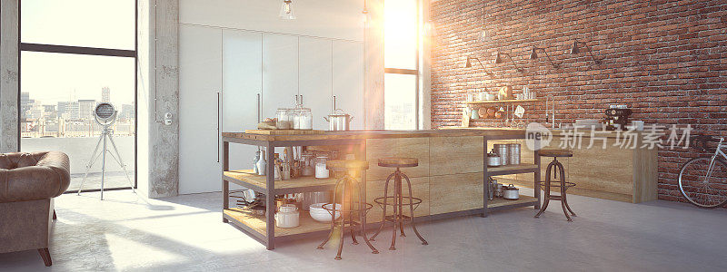 现代设计豪华厨房室内。3d渲染