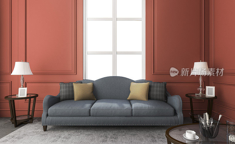 3d渲染经典的蓝色沙发在红色的客厅