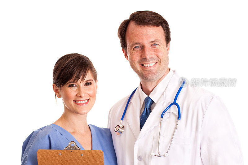 快乐的男医生和女护士隔离在白色