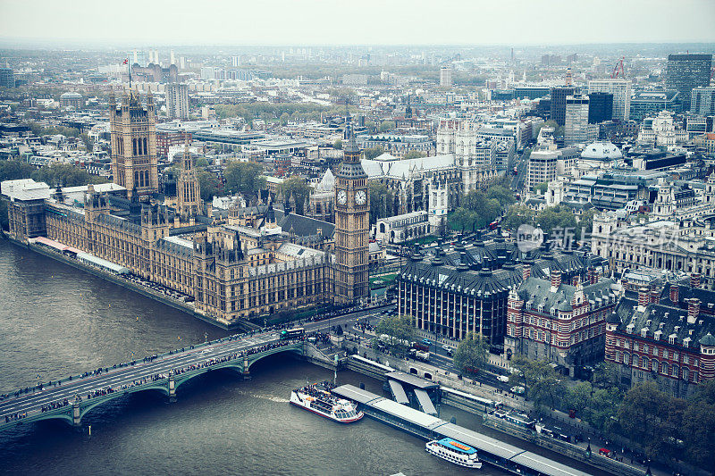 英国伦敦城市鸟瞰图大本钟威斯敏斯特桥