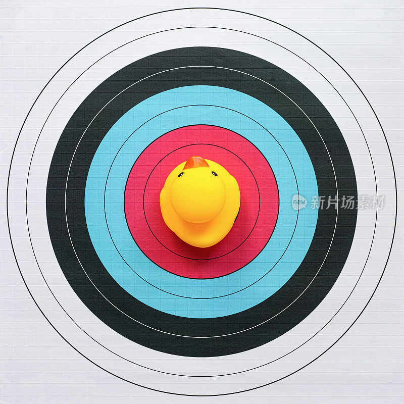 黄色的橡皮鸭坐在靶子的靶心上。
