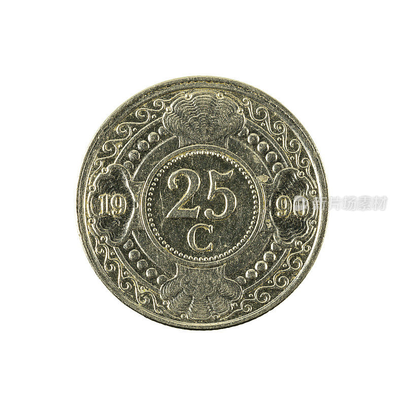 25枚荷兰antillean分硬币(1990年)正面孤立，白色背景
