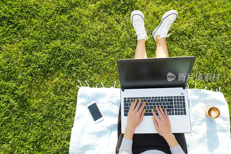 一个女大学生坐在绿色的草坪上用手提电脑做作业。年轻女子坐在公园里写博客，写文章，购物，在她的笔记本上社交网络。副本的空间。