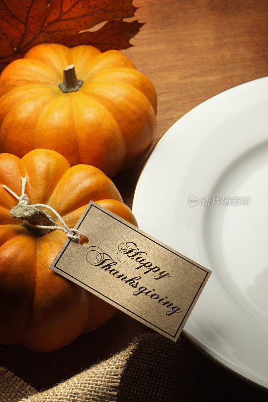 感恩节快乐的标签绑在小南瓜旁边的桌子设置