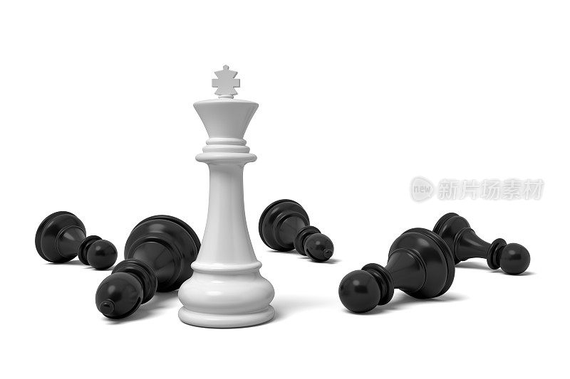 在许多倒下的黑兵中单个站立的白色象棋国王棋子的3d渲染