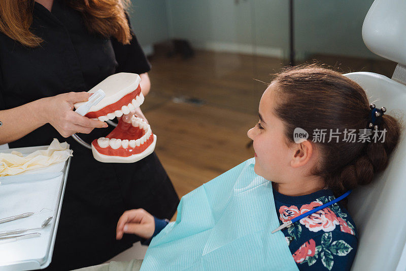 牙医在牙科诊所教可爱的小女孩如何正确刷牙，如何使用牙颌模型和牙刷。牙科，口腔卫生概念。