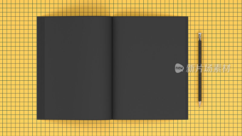 在黄色网格背景上空白打开黑色杂志模板