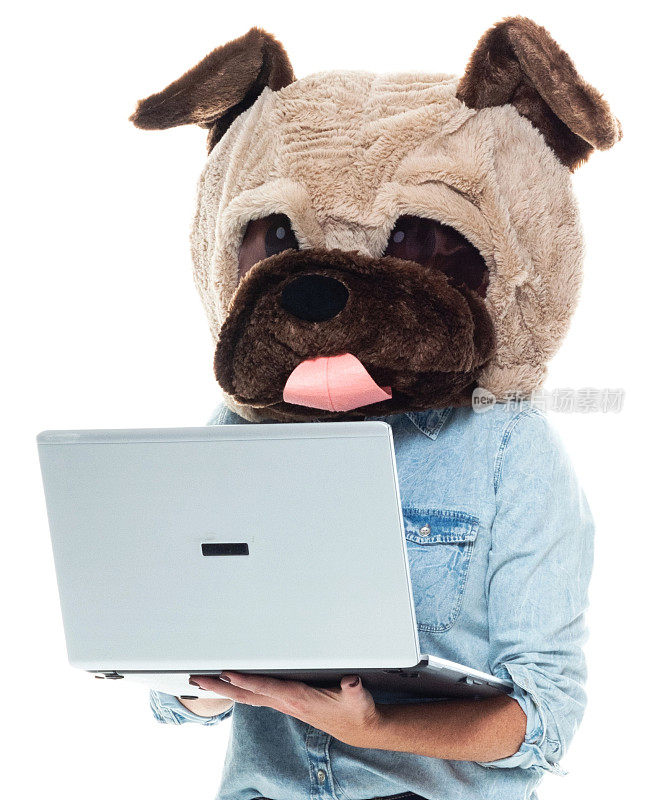 白人中年妇女穿着狗装，使用电脑