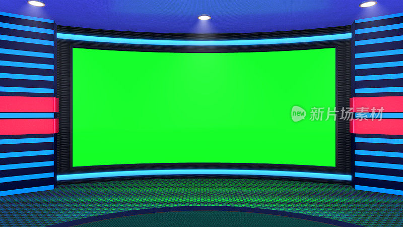 电视演播室，虚拟演播室。理想的绿色丝网合成。