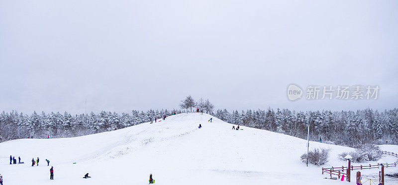 冬天的乐趣。孩子们用雪橇从山上滑下来。