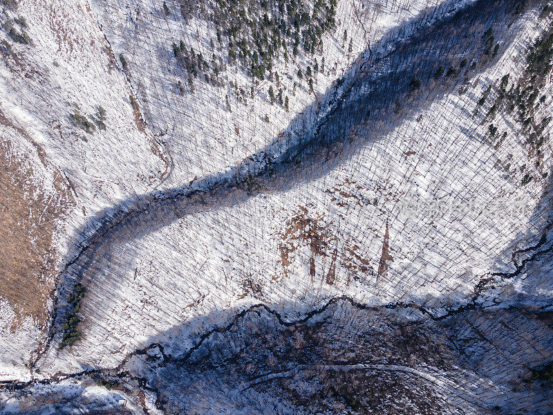 冬季的空中飞行在白雪覆盖的林地上。在山上滑雪度假。