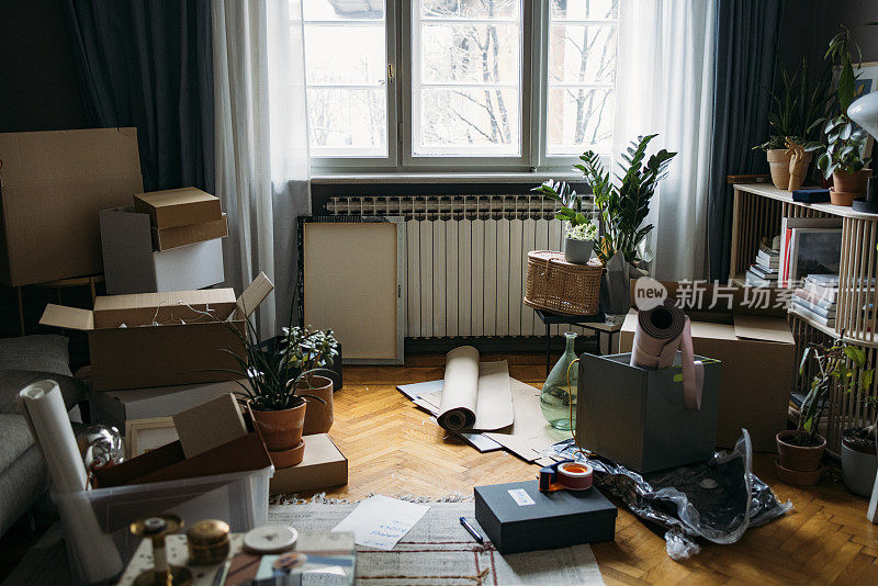 搬进新公寓:客厅里到处都是纸箱和集装箱