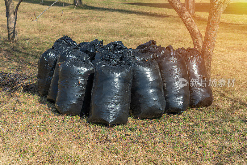 公园里的干草上放着装着树叶和垃圾的垃圾袋。