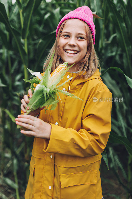 穿着黄色雨衣和粉红色帽子的时髦少女在玉米地里笑