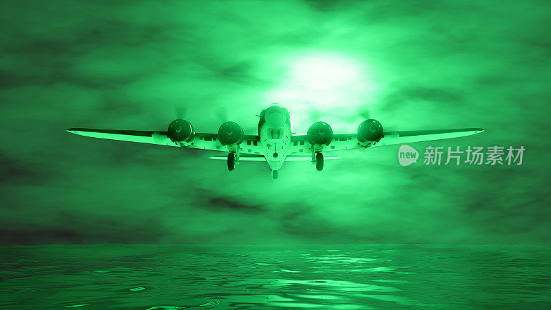 螺旋桨飞机在雾中飞行，绿灯亮