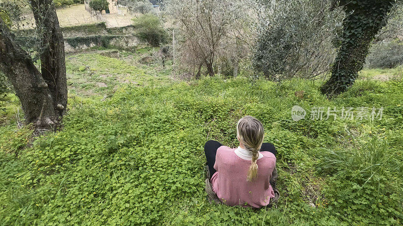 成熟的女人放松在橄榄林，在丘陵设置