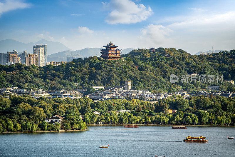杭州西湖城市景观航拍照片