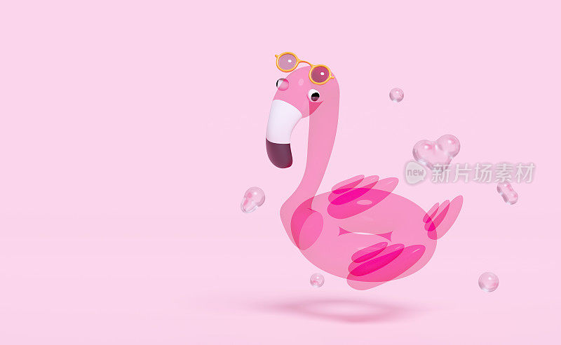 3d粉红色充气火烈鸟透明与水飞溅，复制空间隔离在粉红色的背景。夏季旅游概念，3d渲染插图