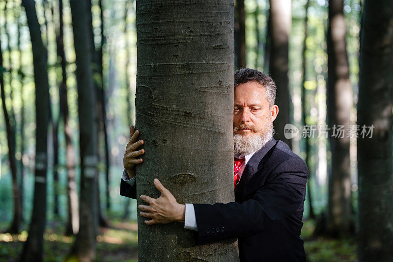 一个穿着西装、压力重重的商人在森林里抱着一棵树的照片。树抱疗法
