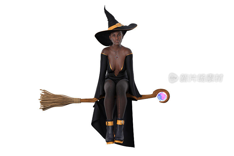 穿着万圣节女巫服装的黑人美女坐在扫把上。孤立的3D渲染…