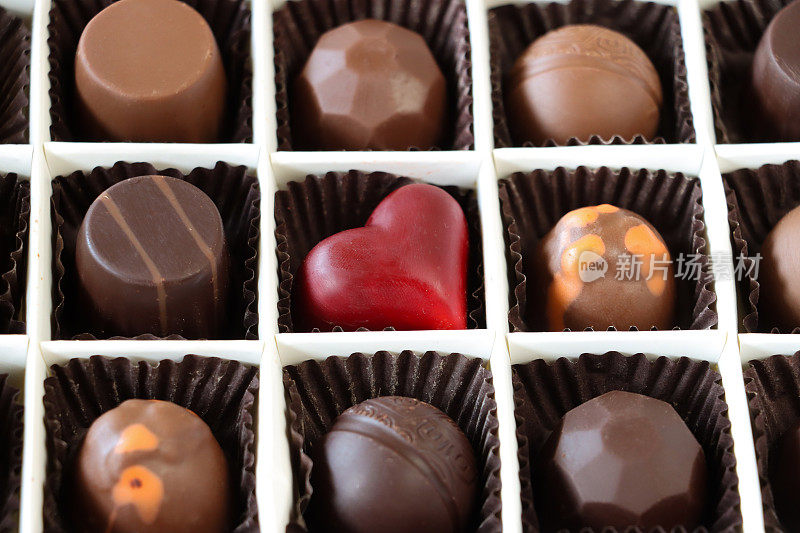 全画幅图像，成排的个体，情人节巧克力松露和果仁糖装在巧克力盒里，红色心形糖果，牛奶和黑巧克力，高架视图，重点在前景
