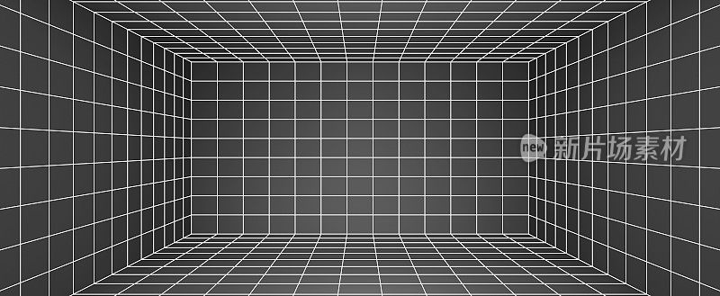 3d渲染白色线框房间在黑色背景。未来的激光网格透视，复古的科幻矩阵线内饰。抽象几何方形网格图案，虚拟数字空间