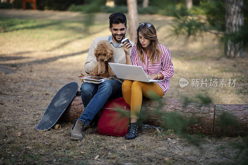 年轻的学生夫妇在公园里学习